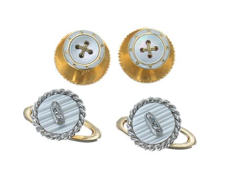 Two pairs of 18ct and mother of pearl dress studs, one pair set with diamonds, 7.1gm in total (4) 