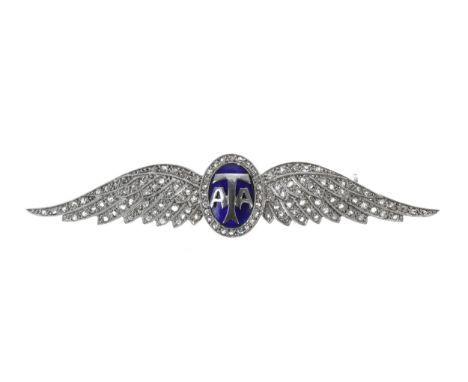 Rare 'ATA' (Air Transport Auxiliary)&nbsp;platinum diamond set enamel pilots winged brooch, 10.6gm, 72mm wide (3000110-1-a) -