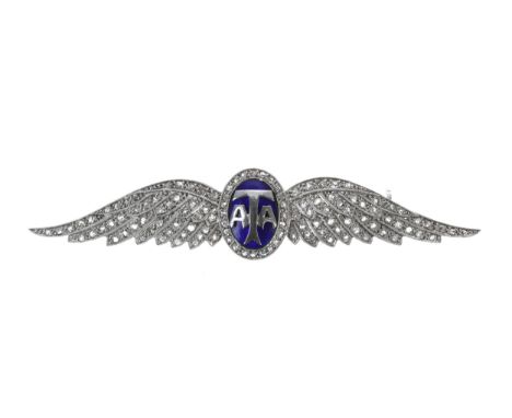 Rare 'ATA' (Air Transport Auxiliary)&nbsp;platinum diamond set enamel pilots winged brooch, 10.6gm, 72mm wide (3000110-1-a) -