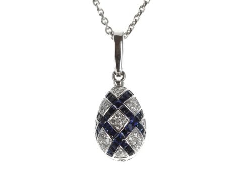 Fabergé 18ct white gold necklet with diamond and sapphire egg shaped pendant, signed Fabergé, the pendant no. 401/1000, 32mm 