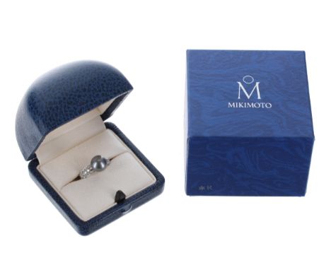 Mikimoto Tahitian pearl and diamond 18ct white gold ring, London 1998, the pearl 10mm, with pavé diamond set shoulders, 6.1gm
