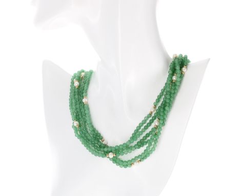 Jade and pearl multi-strand bead necklace,&nbsp;85.2gm, 20" long 