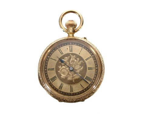Attractive 18k floral engraved fob watch, unsigned three quarter plate lever movement, foliate engraved Roman numeral dial, c