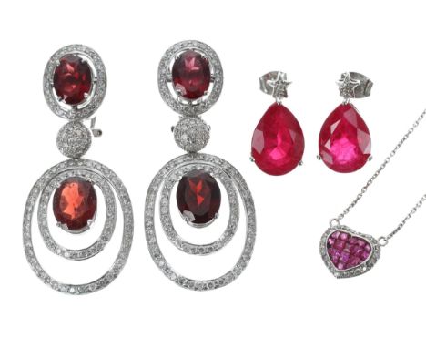 Pair of white gold diamond and garnet cluster drop earrings, 18.4gm, drop 48mm; heart shaped ruby pendant and 18ct necklace; 