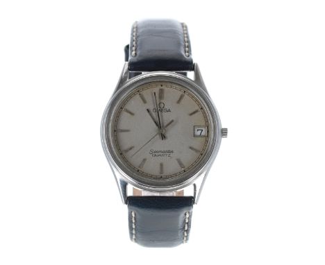 Omega Seamaster Quartz stainless steel gentleman's wristwatch, grey dial, modern dark blue leather strap, 34mm-Movement - cur