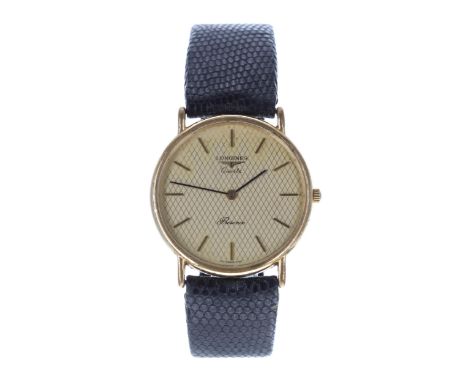 Longines Presence gold plated and stainless steel gentleman's wristwatch, champagne dial, modern black leather strap, quartz,