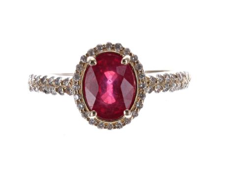 Pretty 14ct yellow gold ruby and diamond cluster ring with set shoulders, 3.3gm, width 11mm, 3.3gm, ring size M/N 