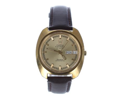 Omega Genéve Chronometer Electronic f300Hz gentleman's wristwatch, ref. 198.031, serial no. 34895xxx, circa 1972, champagne d
