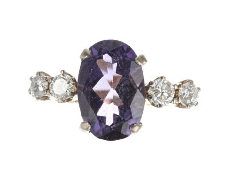 18ct yellow gold amethyst and diamond ring, set with four&nbsp;round brilliant-cuts, 0.50ct approx in total, width 12mm, 4.2g