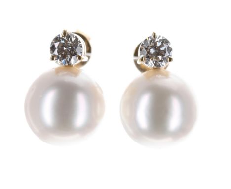 Pair of South Sea cultured pearl and diamond earrings, the pearls of nice lustre measuring 12mm, set with single round brilli