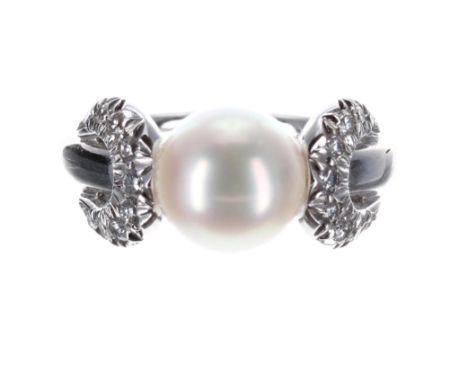 Mikimoto Akoya pearl and diamond 18ct white gold dress ring, the pearl 9mm, with crescent diamond set shoulders, 6gm, ring si