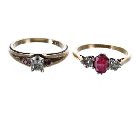 18ct ruby and diamond three stone ring, 2.1gm, ring size I; with a 14ct ruby and diamond ring, 2.7gm, ring size H/I (2) 