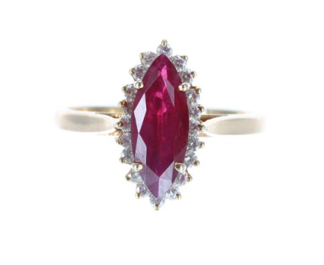 Modern 18ct yellow gold marquise ruby and diamond cluster ring, the marquise ruby in a setting of round brilliant-cut diamond