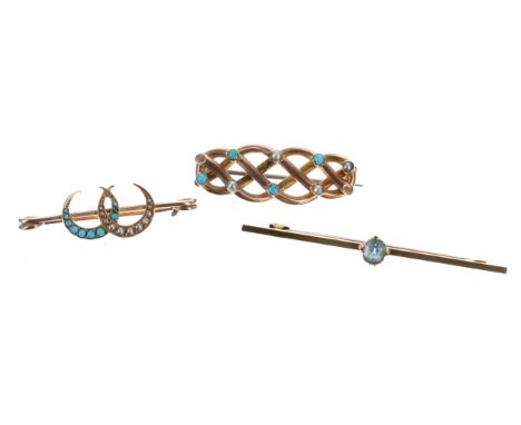 Two 15ct brooches including a turquoise and seed pearl crescent brooch, 5.1gm, the bar brooch 57mm wide; together with a 9ct 
