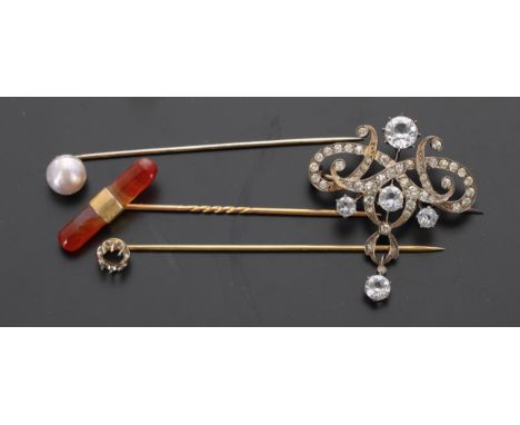 Attractive Art Nouveau paste set, marked '800', 6.4gm, 36mm; 15ct carnelian mounted stick pin, cultured pearl stick pin and a