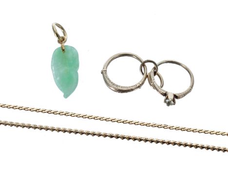 14ct yellow gold necklace, 4.8gm, 21" long; jade pendant in box and a small diamond set pendant 