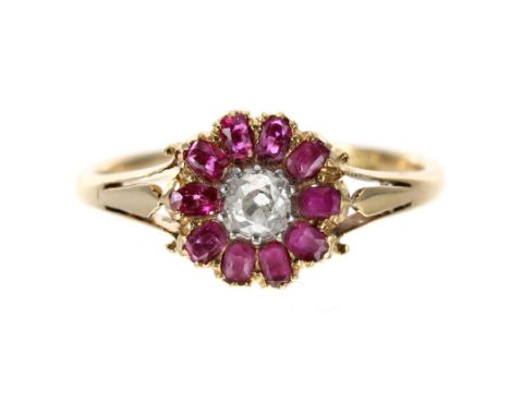 Antique 18ct yellow gold ruby and diamond cluster ring, Birmingham 1913, 2.4gm, 9mm, ring size N 