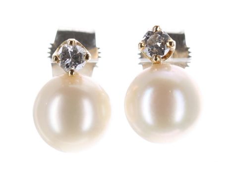 Pair of cultured Akoya pearl and diamond earrings, the pearls 8mm, with single round-cut diamonds, each 0.08ct approx, yellow