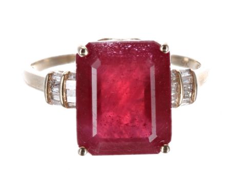 Modern 9ct yellow gold ruby and diamond trap-cut ring, with diamond set shoulders, width 12mm, 4gm, ring size Q/R 