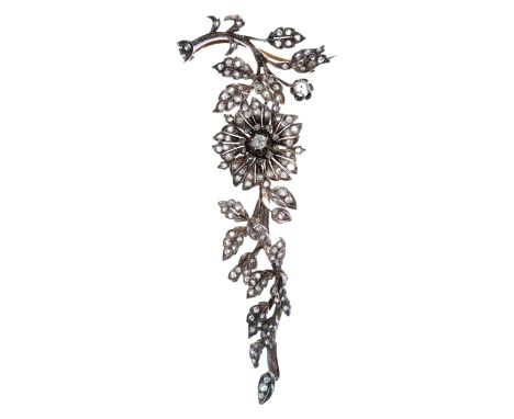 Fine 19th century French diamond en tremblant floral brooch with a drop attachment, the flower head en tremblant and set thro
