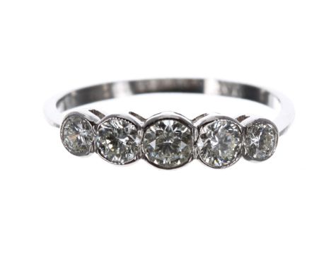 Platinum five stone diamond ring, round brilliant-cut, 0.75ct approx, clarity SI-SI1, colour J/K, width 4.5mm, 2.4gm, ring si