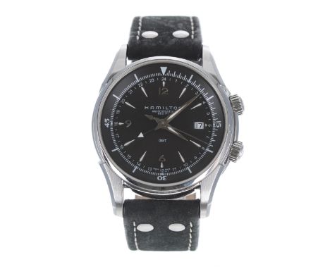 Hamilton Jazzmaster Traveler II GMT automatic stainless steel gentleman's wristwatch, ref. H326150, black dial with exhibitio