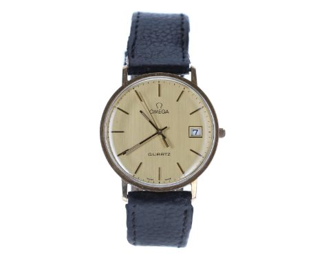 Omega Quartz 9ct gentleman's wristwatch, champagne dial, presentation inscription to the case back dated 1987, black leather 
