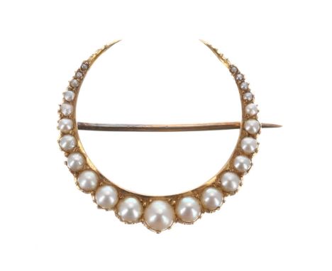 Attractive antique gold mounted pearl set crescent brooch, 4.6gm, width 31mm 