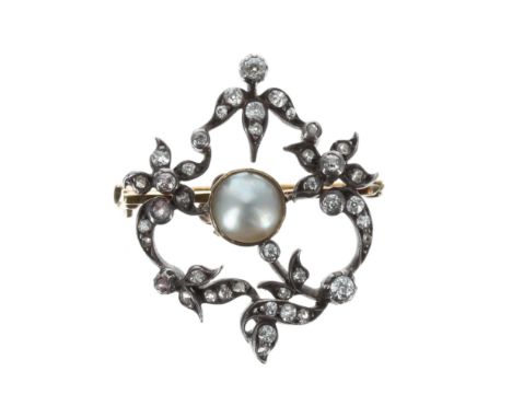 Antique white and yellow metal diamond and pearl brooch, 6gm, 24mm (2000122-1-a)  