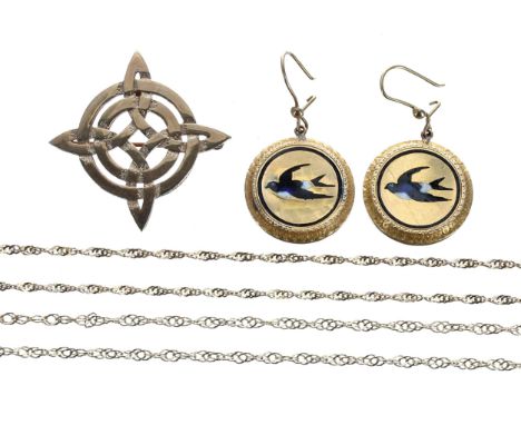 Pair of gold and enamel swallow earrings (at fault), two 9ct necklets and a 9ct brooch from a design based on St Magnus Cathe