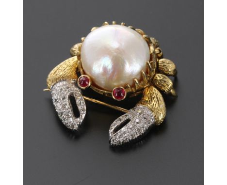Novelty 18ct diamond, gem and pearl set crab brooch, 26gm, 34mm wide approx (4035) 
