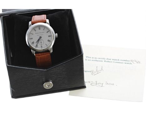 Robert Loomes Robin limited edition stainless steel gentleman's wristwatch, no 73, matt Rhodium dial with Roman numerals and 