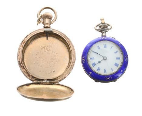 Silver and blue enamel fob watch, import hallmark for London 1908, lever movement, 29mm; with a gold filled engraved fob watc