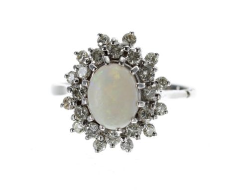 18ct white gold opal and diamond cluster ring, the opal 0.90ct approx, in a diamond setting 0.50ct approx in total, clarity S