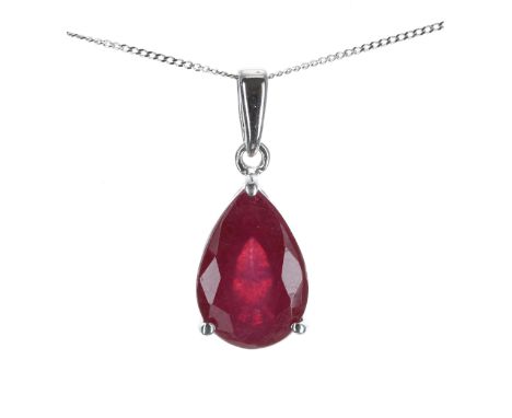 Modern 9ct white gold ruby pear shaped pendant on chain, the pendant 19mm x 18mm, 2.2gm 