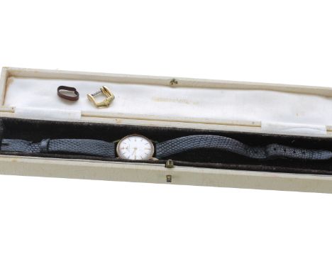 Jaeger-LeCoultre 18ct lady's wristwatch, silvered dial with baton markers, case no. 961328, black strap, 23mm-** with the ori