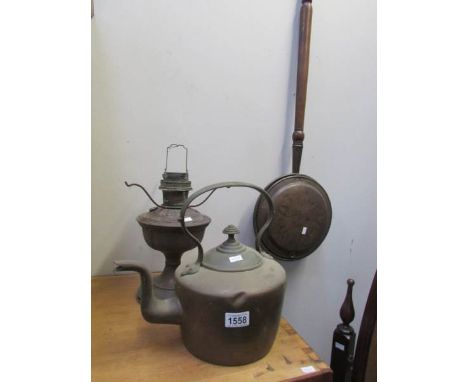 A Victorian copper kettle, copper warming pan and old oil lamp