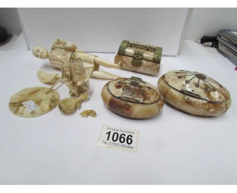 An ivory figure of a man a/f, a signed netsuke and 3 bone trinket boxes