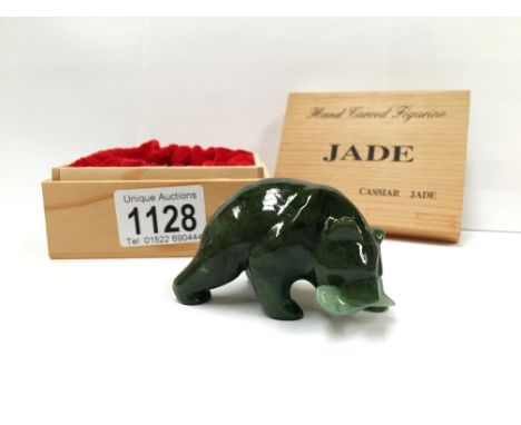 A boxed Cassiar jade figure of a polar bear with fish