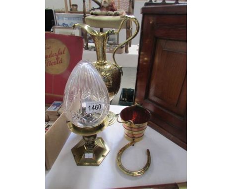 A heavy 19th century brass ewer a/f, a brass lamp with cone glass shade, a copper rail etc