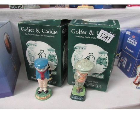 A Royal Doulton Penfold golfer and Dunlop caddy figures (boxed with certificates)