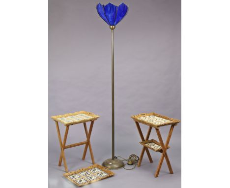 A brass standard lamp with a fluted column, circular base, &amp; with a coloured-glass shade; together with two pine tile-top