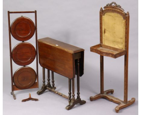 An Edwardian mahogany folding cake stand of three circular tiers, 33½” high; together with a mahogany Sutherland table, 21” w