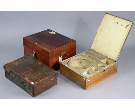 A simulated crocodile-skin suitcase (lacking handle), 22” wide, together with a mahogany storage trunk, 21” wide, and a trave