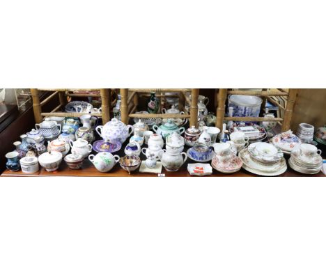 Various items of decorative china &amp; pottery; a brass &amp; onyx Corinthian-style table lamp base, 20” high, two brass tri
