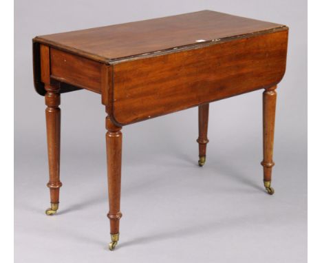 A 19th century mahogany Pembroke table fitted end drawer, &amp; on turned legs with ceramic castors, 34¾” wide x 27½” high to