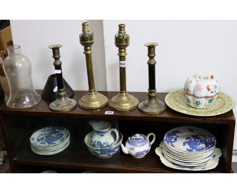 A pair of brass table lamp bases, 12½” high; a pair of candlesticks; &amp; various decorative ornaments, part w.a.f.