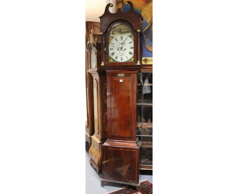 An antique longcase clock with painted river scene &amp; black roman numerals to the dial, having eight-day movement, &amp; i