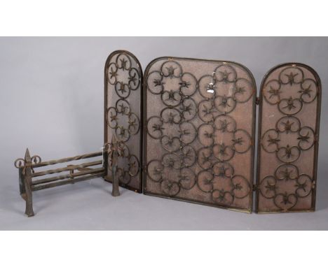 A wrought-iron three-fold fire-screen, 30” high; &amp; a cast-iron fire-front, 24” wide.