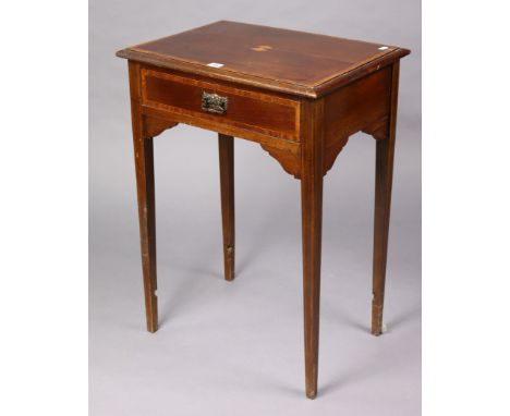 An Edwardian inlaid-mahogany small side table fitted frieze drawer, &amp; on four square tapered legs with an open undertier,